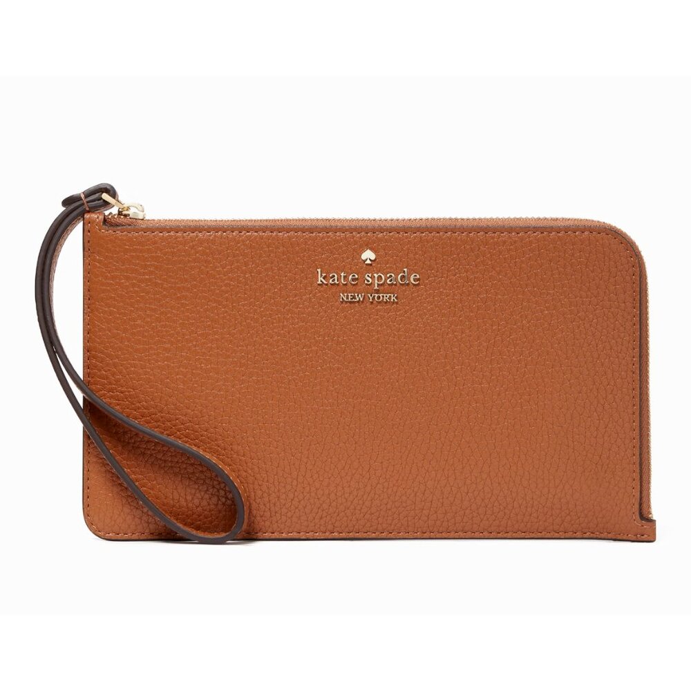 New Kate Spade Lucy Pebbled Leather Medium L-zip Wristlet Warm Gingerbread